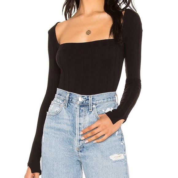 Free People Tops - Free People Black Beside Me Square Neck Long Sleeve Ribbed Snap Bottom Bodysuit